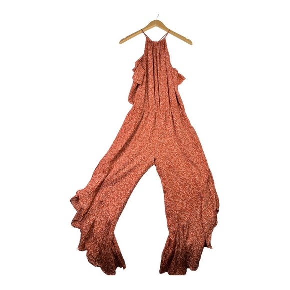 Joie 100% Silk Crop Ruffle Halter Top Jumpsuit/Romper sz XS Orange - Picture 2 of 10